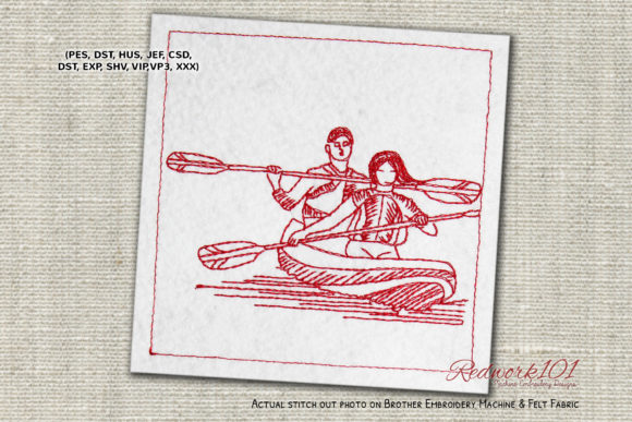 Couple Boating Redwork for Business Embroidery
